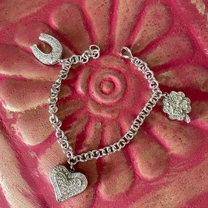 Sterling Charm Bracelet Crystal Charms Heart, Clover, Horseshoe